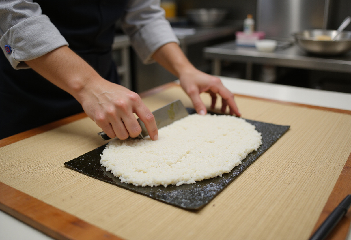 Étaler du riz à sushi sur du nori pour la préparation du sushi mosaïque.