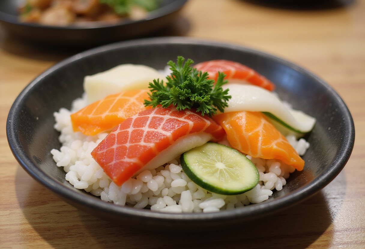 Légumes et poisson tranchés disposés sur du riz à sushi pour la préparation du sushi mosaïque.