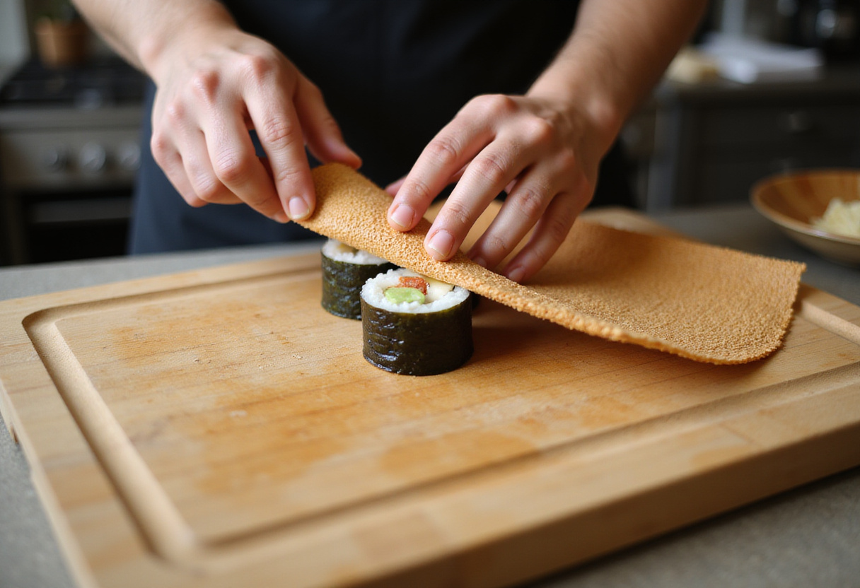 Rouleau de natte à sushi pour créer un rouleau de sushi mosaïque sur une planche en bois.