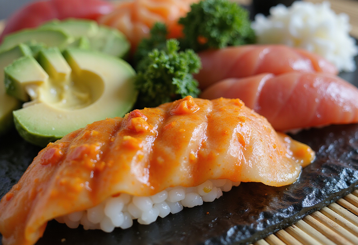Ingrédients pour les tacos de sushi, incluant du thon épicé et des légumes frais pour une délicieuse recette de sushi fusion.
