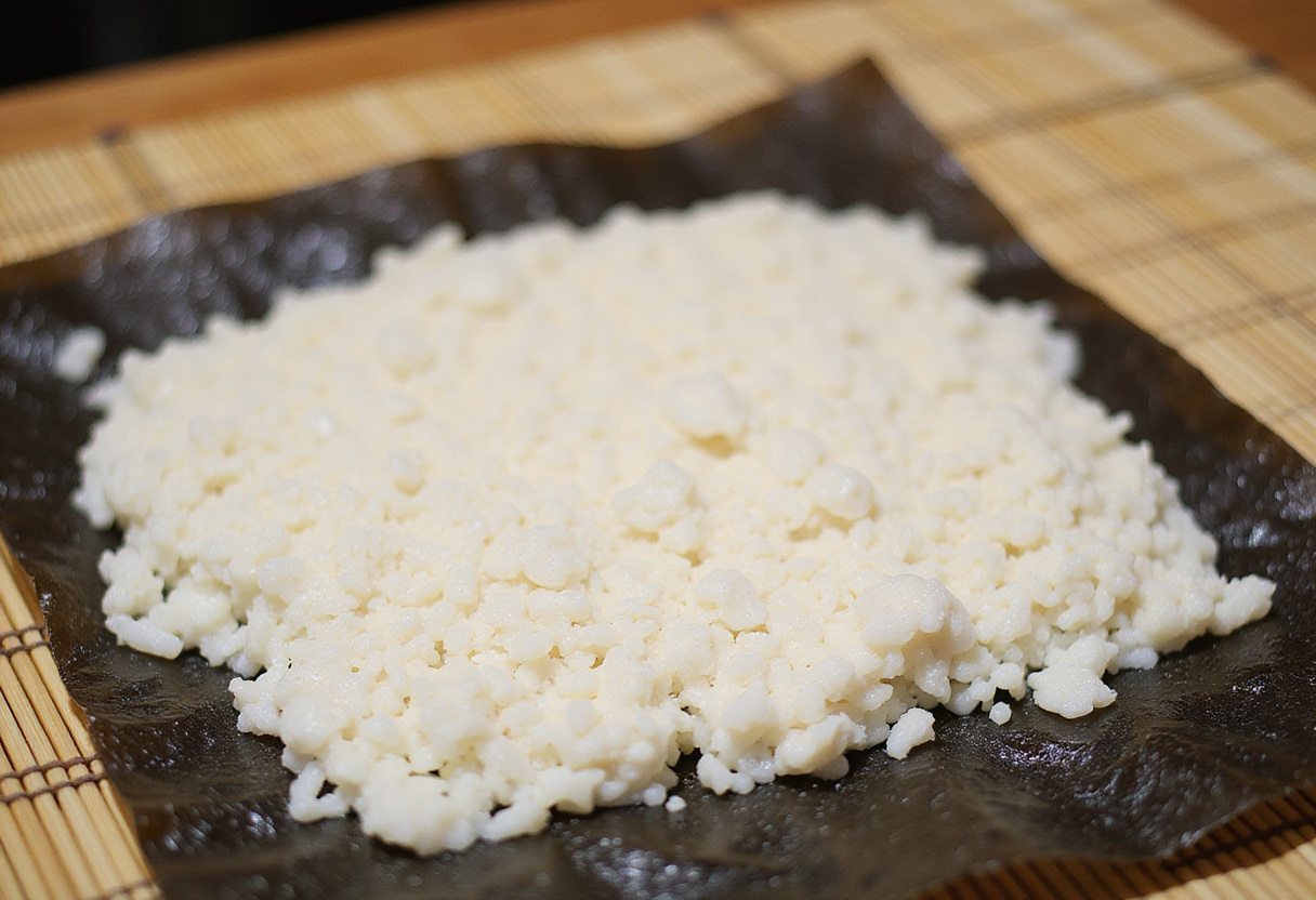 Feuilles de nori avec du riz à sushi étalé pour préparer des tacos de sushi faits maison.