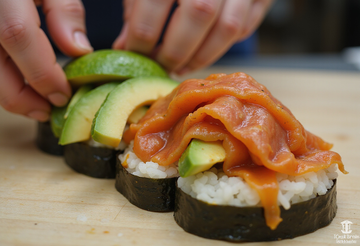 Thon épicé et légumes frais disposés sur du riz à sushi pour l'assemblage des tacos de sushi.
