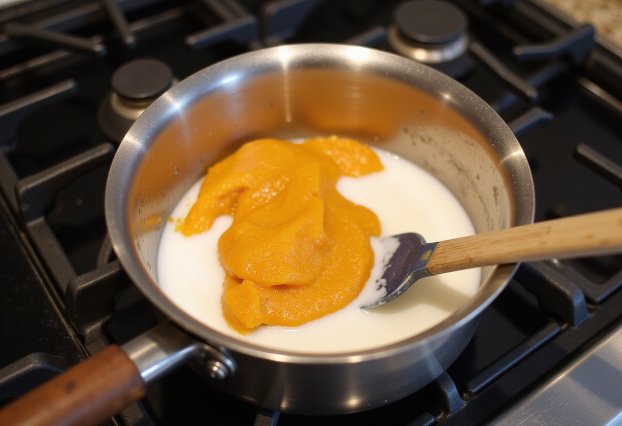 Purée de citrouille et lait de coco chauffés pour la recette de tarte à la noix de coco sans gluten.
