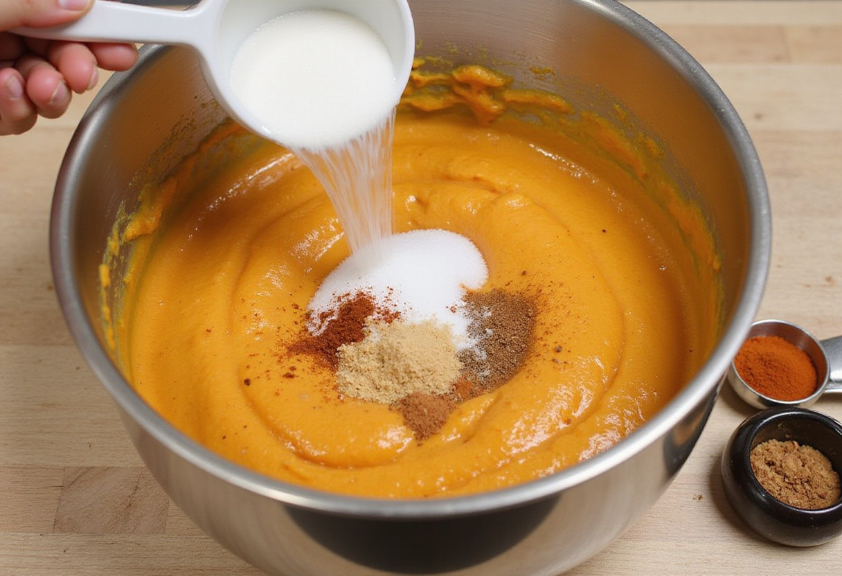 Ajout de sucre et d'épices au mélange de tarte à la citrouille sans gluten.