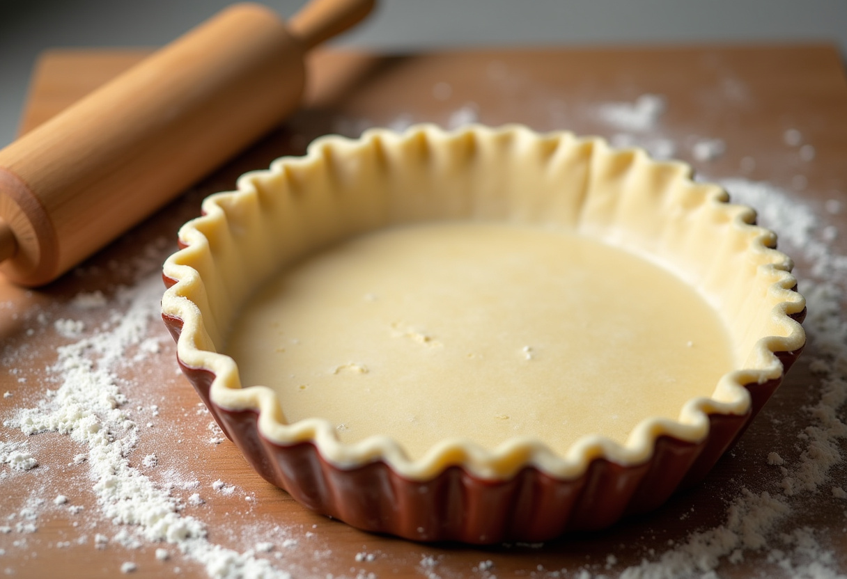 Fond de tarte salée préparé pour la tarte au poulet, une délicieuse recette de tarte salée.