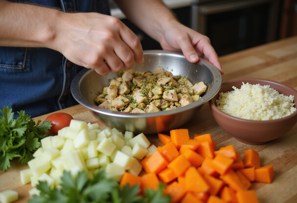 Préparation de la garniture pour tarte au poulet avec poulet et pistaches pour une savoureuse tarte aux pistaches.