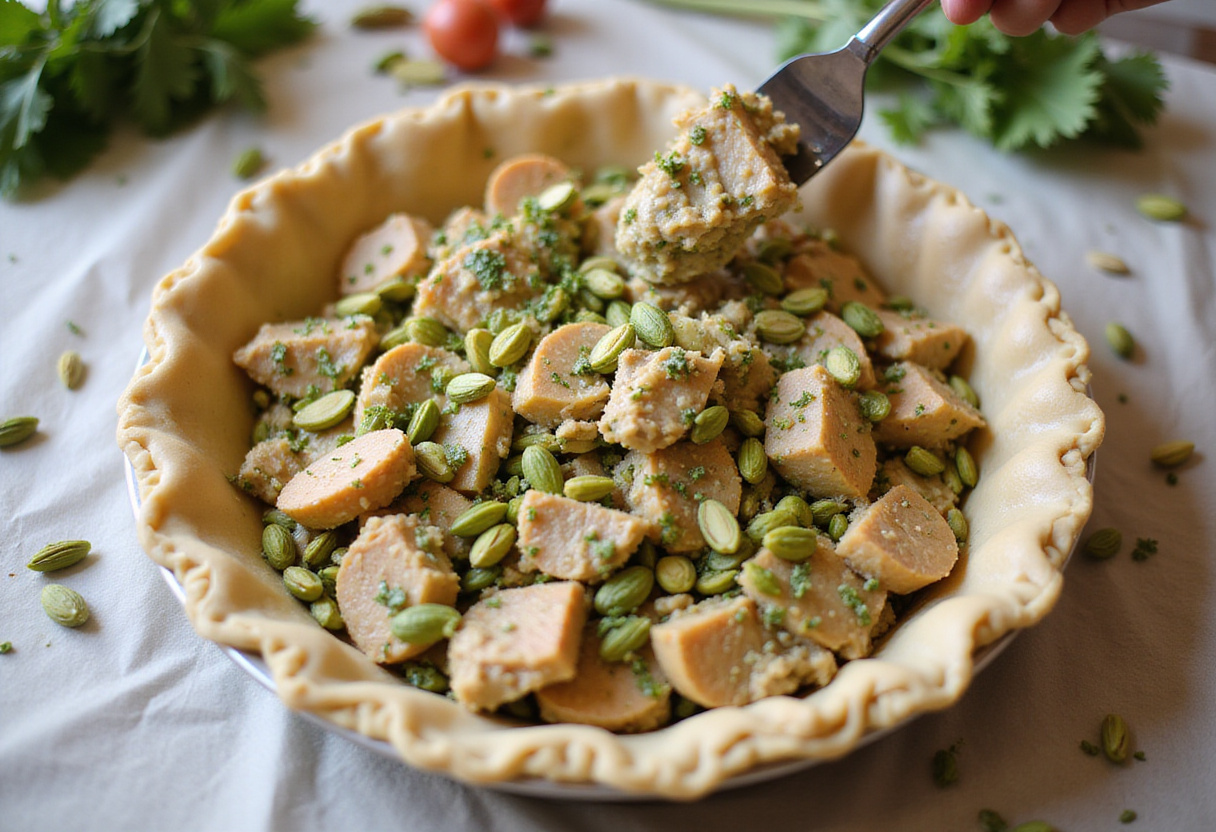 Garnir le fond de tarte salée pour la tarte au poulet avec un mélange savoureux de poulet et de pistaches, faisant partie d'une recette facile.