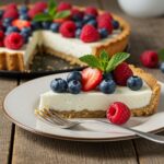 Finished tarte au yaourt grec served with fresh berries, ideal for a light and healthy dessert.
