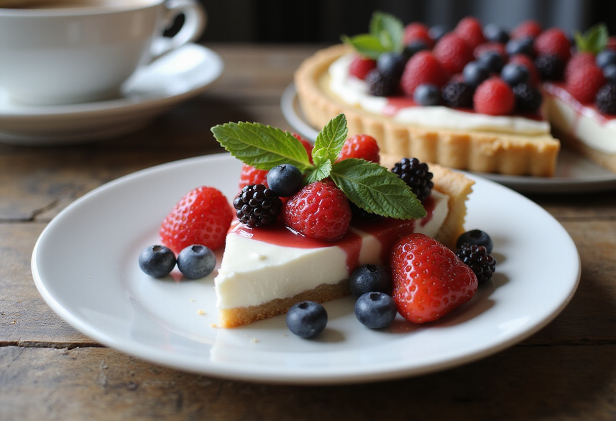 Tarte au yaourt grec finie, servie avec des fruits rouges frais, idéale pour un dessert léger et sain.