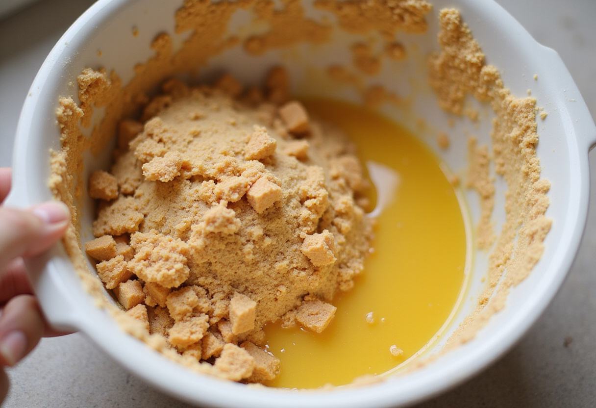Biscuits digestifs écrasés en préparation pour la croûte du dessert tarte au yaourt grec.