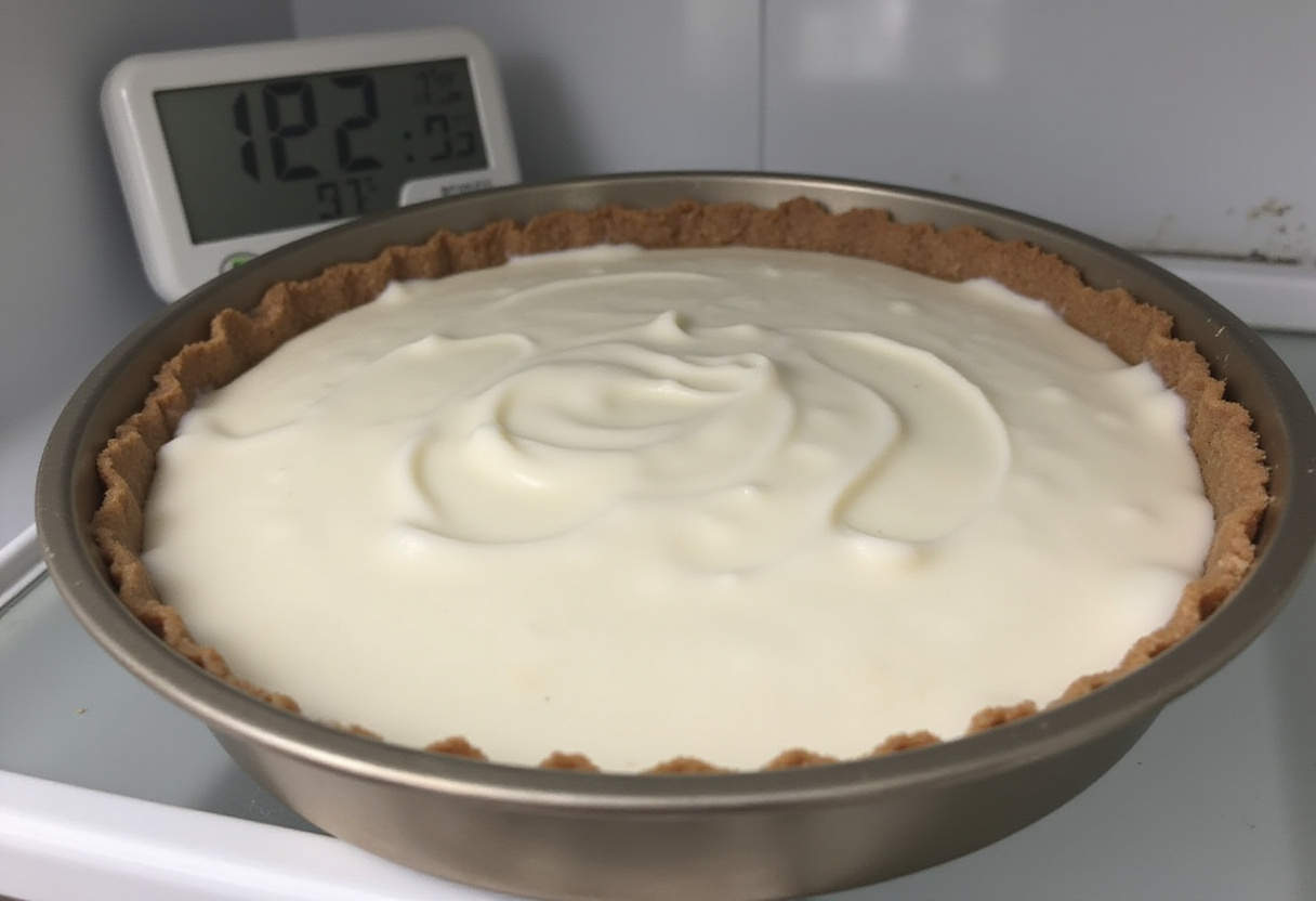 Tarte au yaourt grec prête à prendre au réfrigérateur pour un dessert sans cuisson.