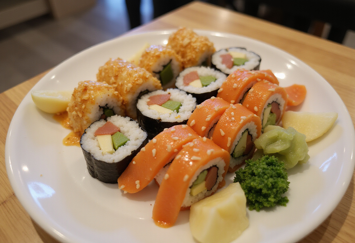 Temaki personnalisés servis avec wasabi et gingembre mariné, idéals pour un repas créatif.
