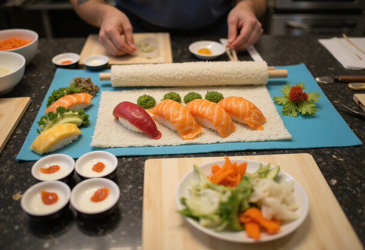 Ingrédients pour des temaki personnalisés prêts sur un tapis de sushi.
