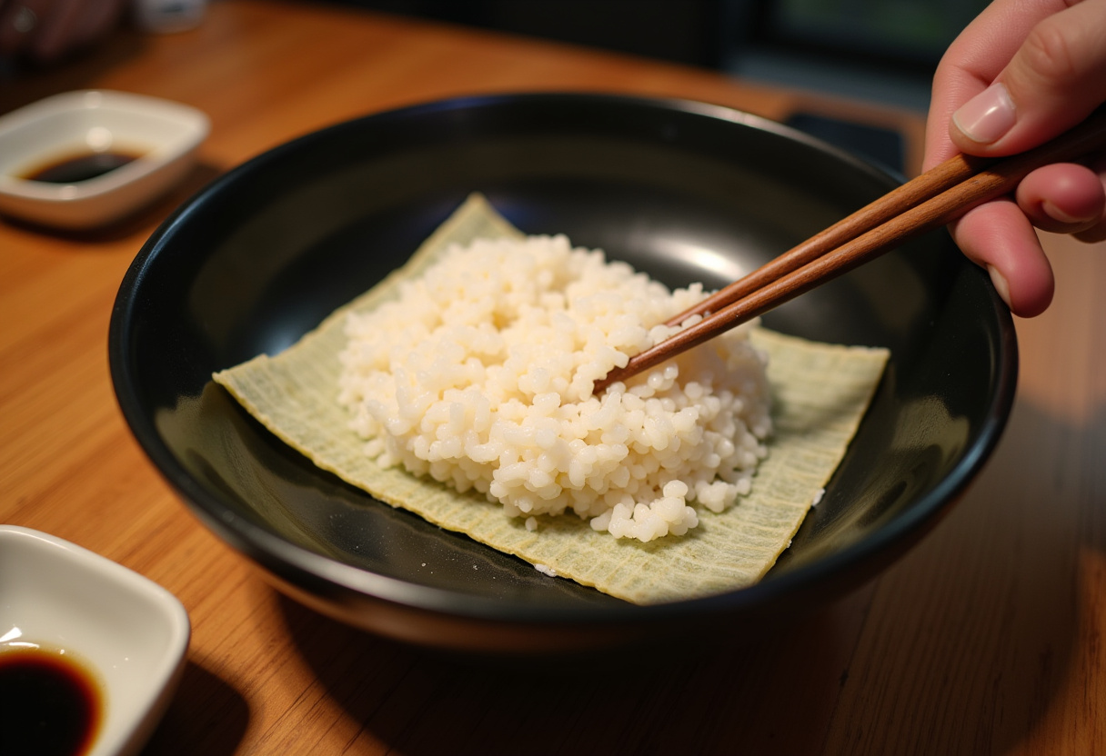 Riz à sushi étalé sur une feuille de nori pour des temaki personnalisés.