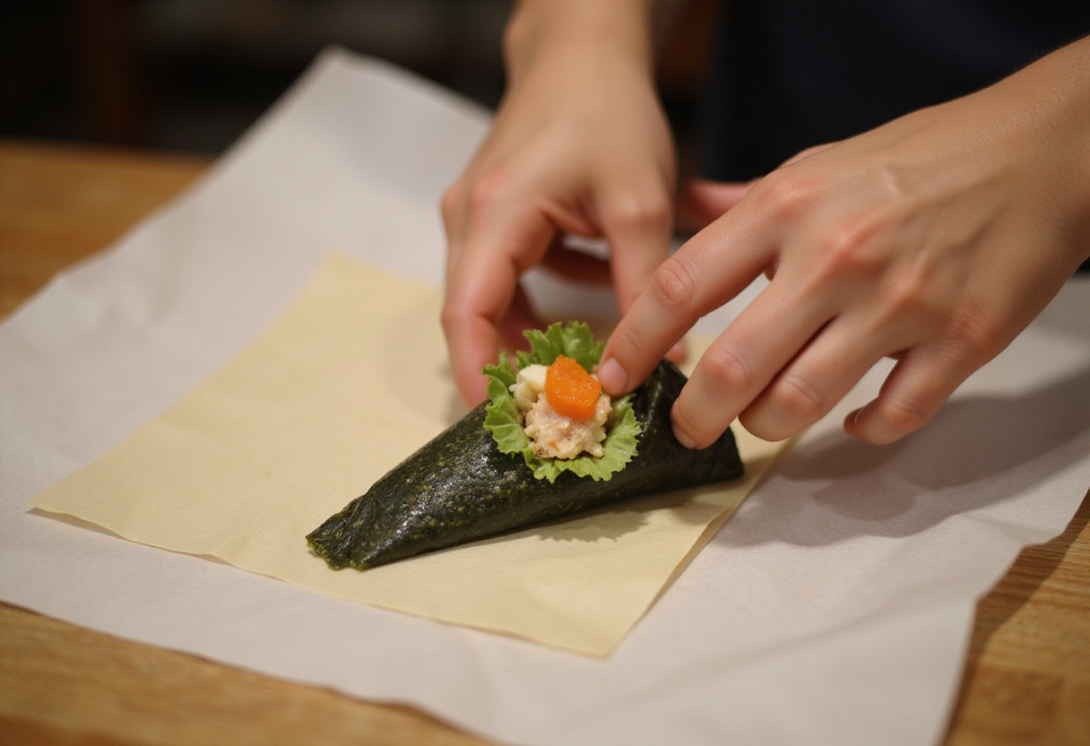 Enroulement d'un temaki personnalisé en forme de cône.