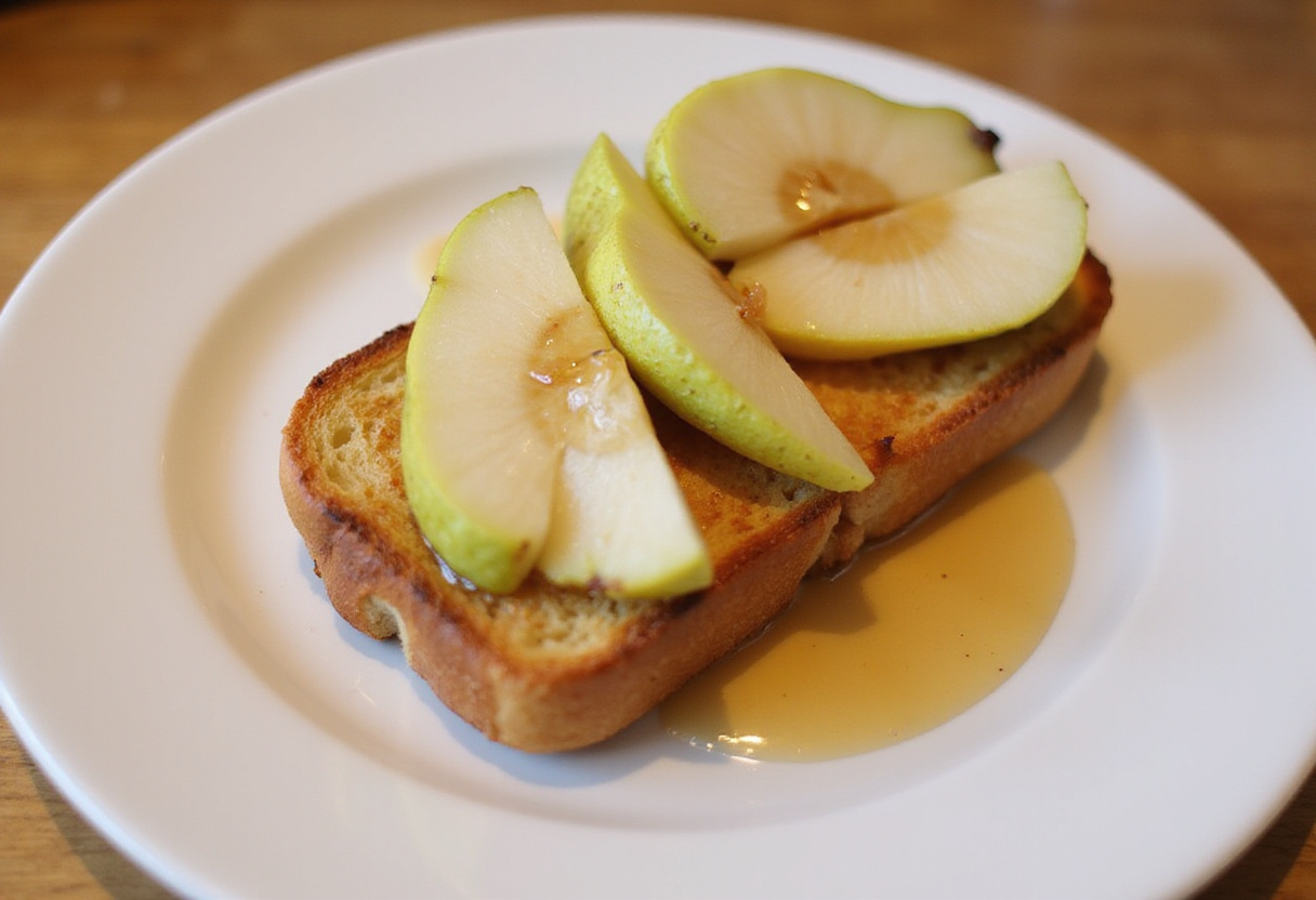 Délicieux Toast à la Poire garni de tranches de poire et de miel, une gourmandise idéale pour le petit-déjeuner ou le dessert.