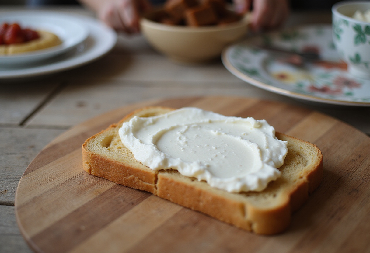 Généreuse portion de fromage cottage étalée sur du pain grillé pour un délicieux Toast à la Poire.