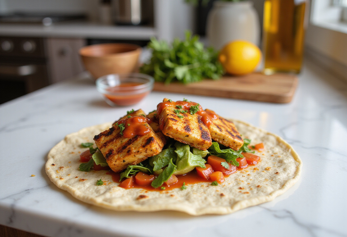 Assemblage de délicieux wraps de halloumi au chili doux avec des ingrédients frais sur une tortilla.