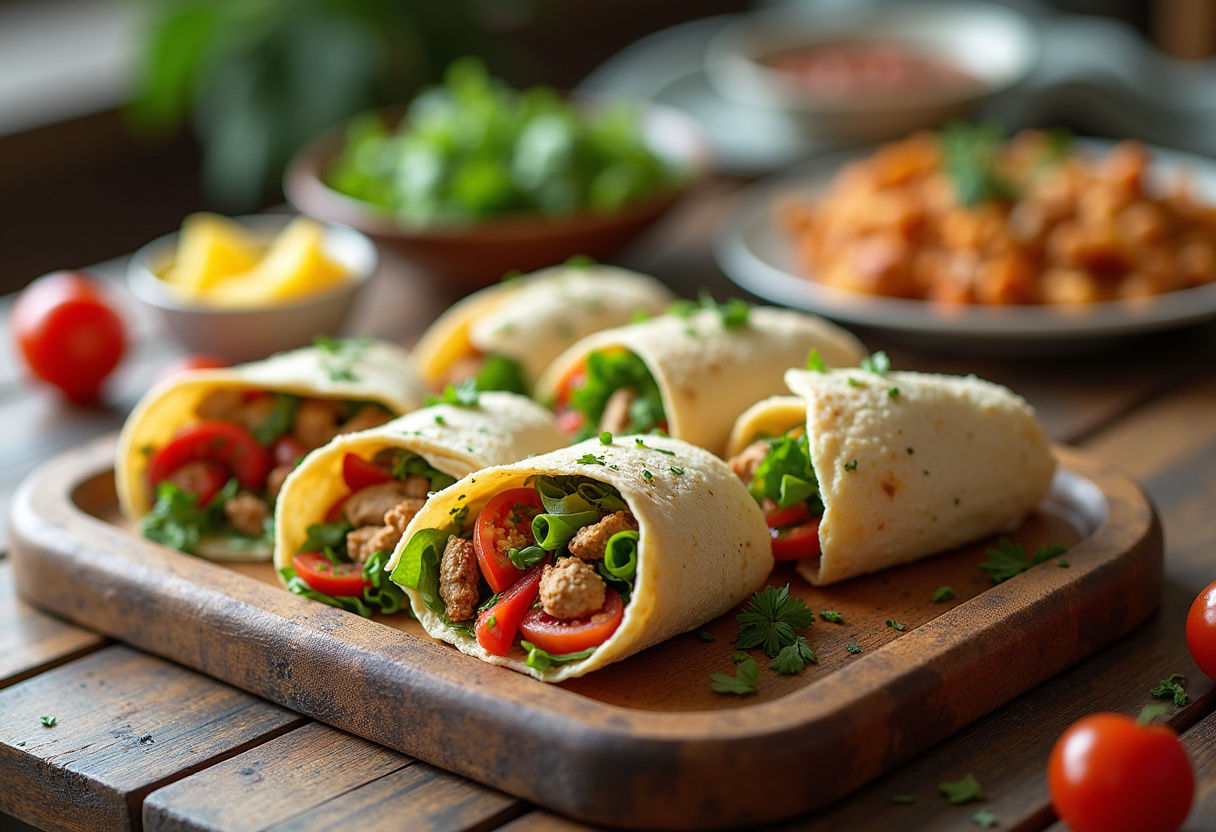Assiette de wraps de poulet méditerranéen présentés de manière appétissante pour un repas délicieux.