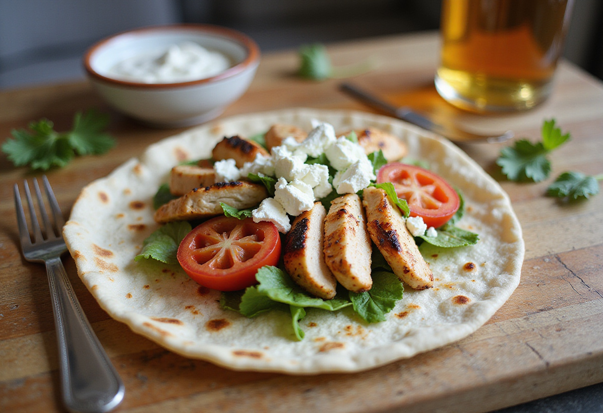 Garnir une tortilla avec du poulet grillé et des légumes pour des wraps de poulet méditerranéen.