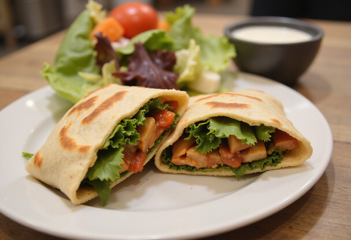 Moitié d'un wrap de poulet méditerranéen servi avec de la salade, prêt à être dégusté.