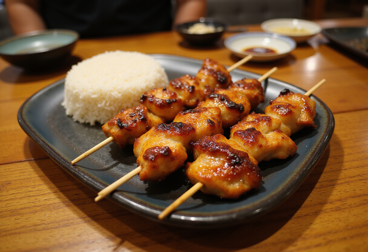Présentation du yakitori de poulet au teriyaki avec du riz gluant pour un délicieux repas japonais.