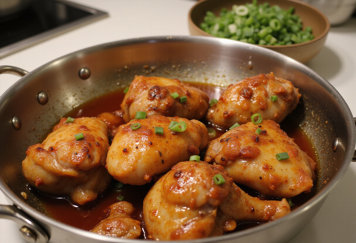 Morceaux de hauts de cuisse de poulet marinant dans la sauce teriyaki pour la recette du yakitori poulet.