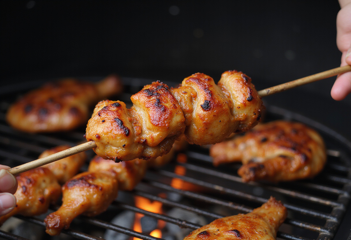 Enfilage du poulet mariné pour la préparation du yakitori poulet sur le grill.