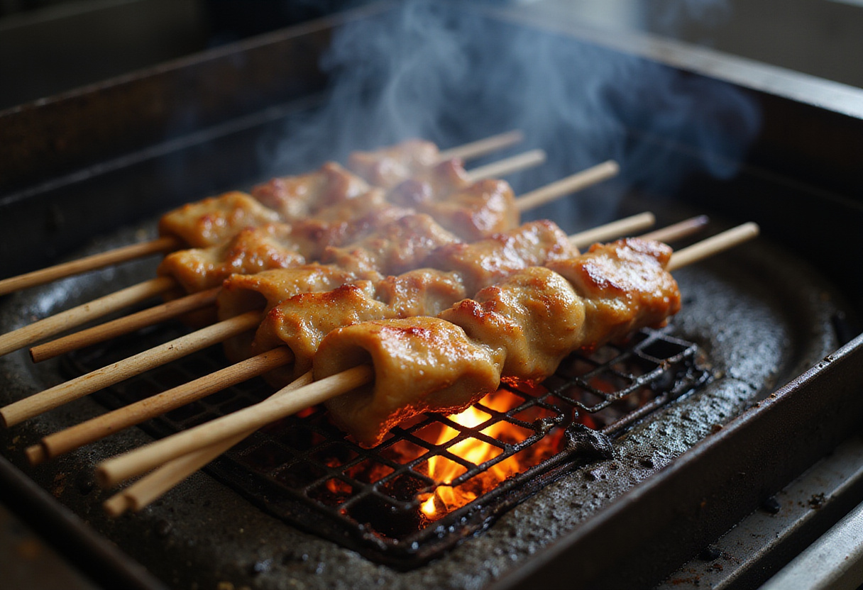 Griller les brochettes de poulet pour le yakitori poulet dans un style japonais authentique.