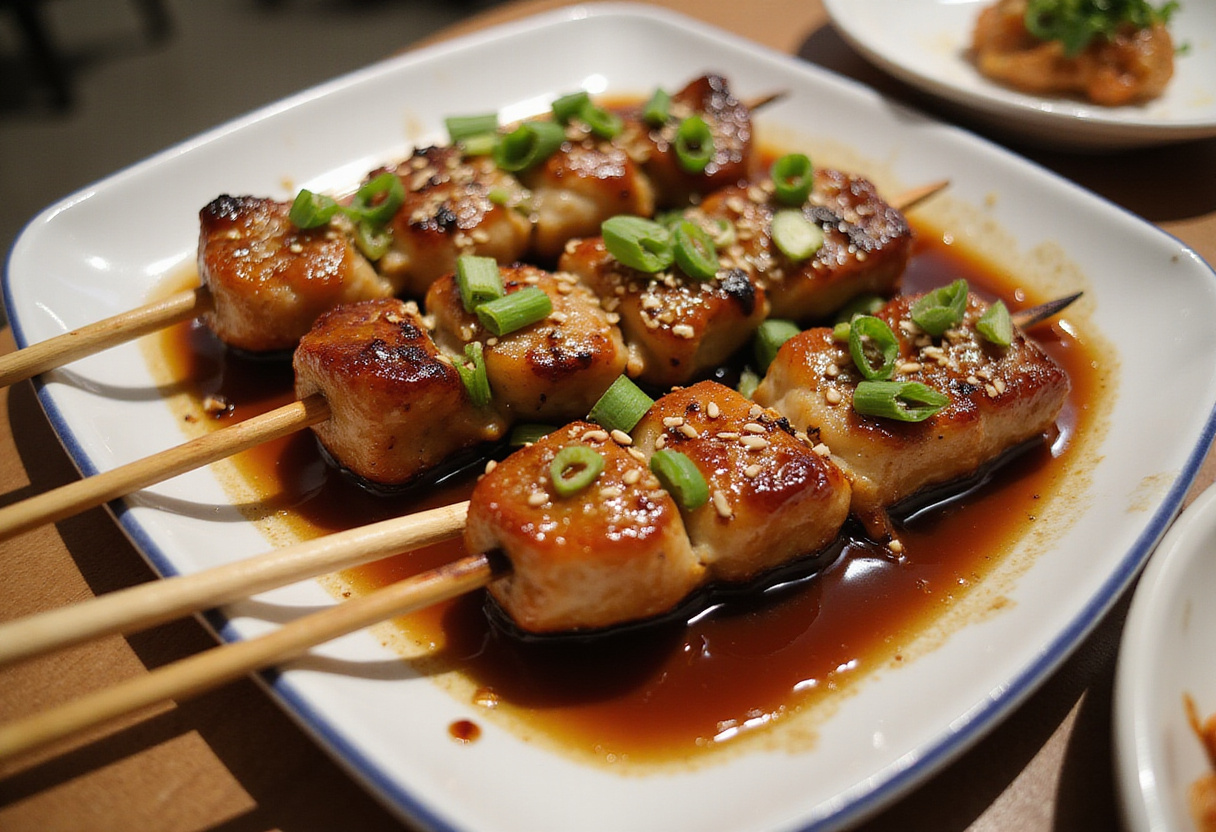 Yakitori de poulet au teriyaki cuit, garni et servi de manière élégante.